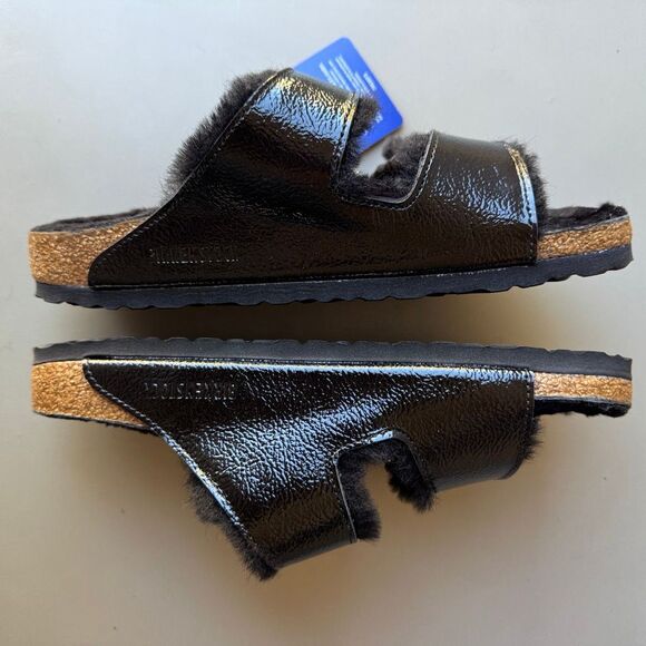 Birkenstock Arizona Shearling Eyelet Sandals Womens 41EU /10US Shiny Black Gold - Picture 6 of 13